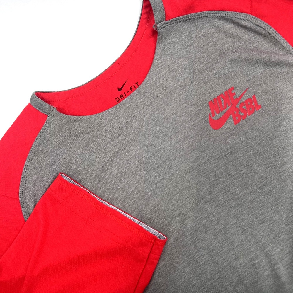 NIKE BSBL Men's Sz M Gray/Red 3/4-Sleeve Raglan Baseball Training Shirt T-Shirt